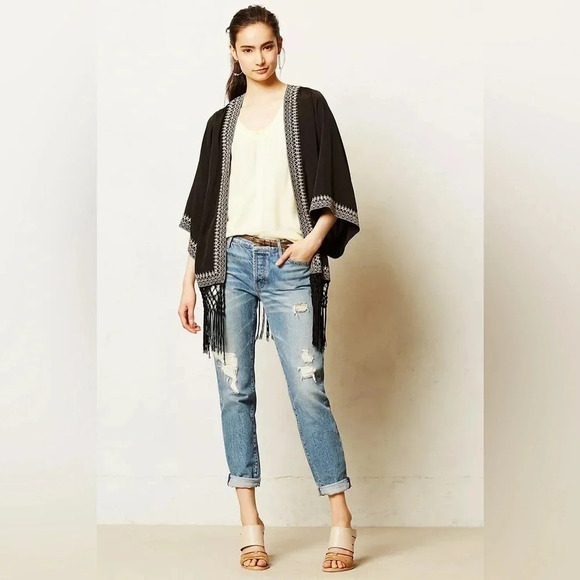 Anthropologie Chloe Oliver Black Boho Fringed Kimono Cardigan Bohemian Size M - Picture 6 of 6